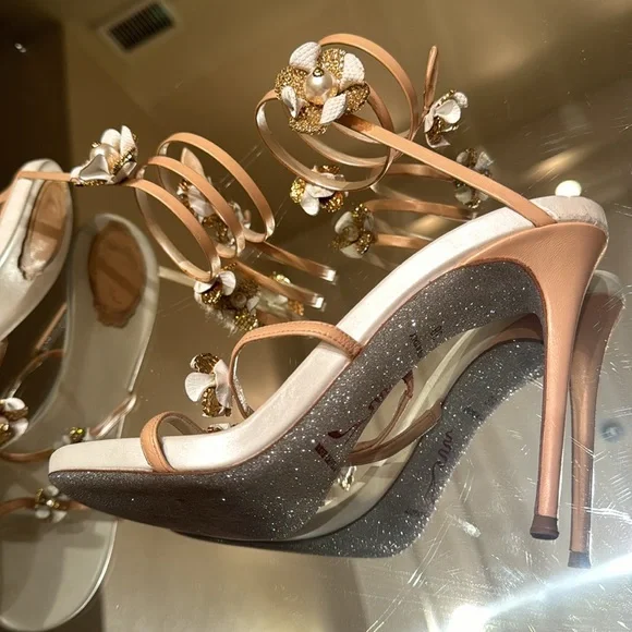 Rene Caovilla Karung Rose Gold Flower Ankle Wrap Heels - Picture 3 of 11